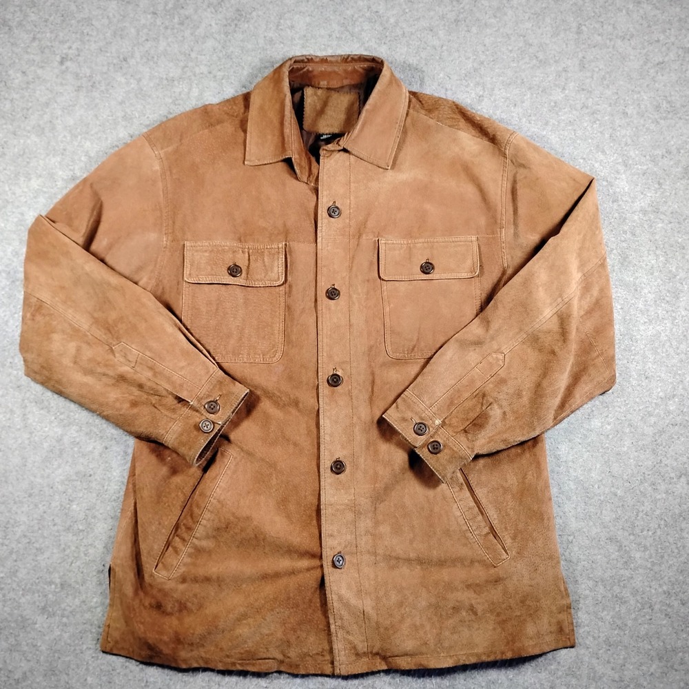 Knights Bridge Mens Brown Leather Suede Button Front Shirt Jacket Shacket Medium